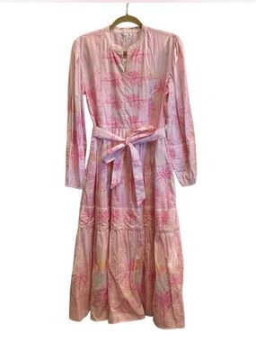 Women’s Darlington Isle Pink Floral Long Sleeve Midi Dress with Waist Tie